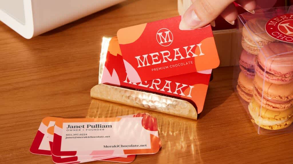Business card design with bright colors and bold typography