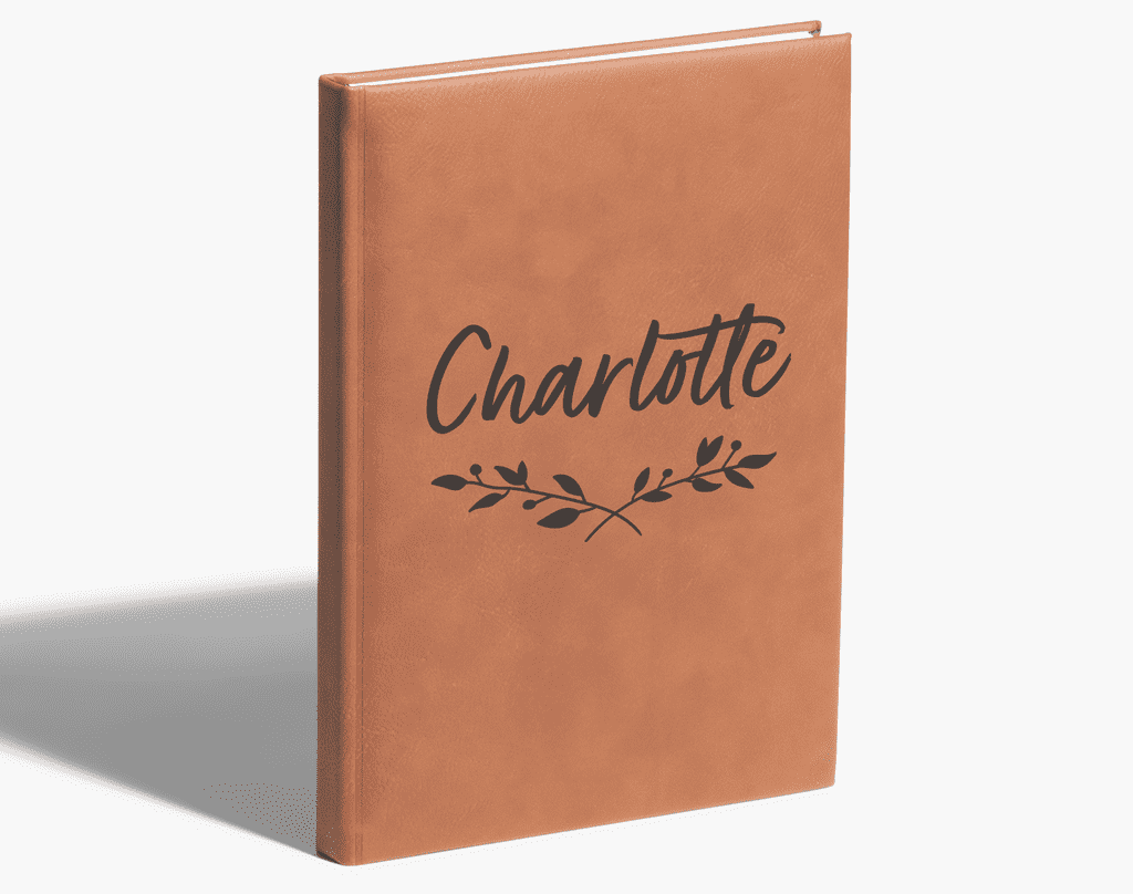 Custom leather notebook personalized with the name &ldquo;Charlotte&rdquo;.