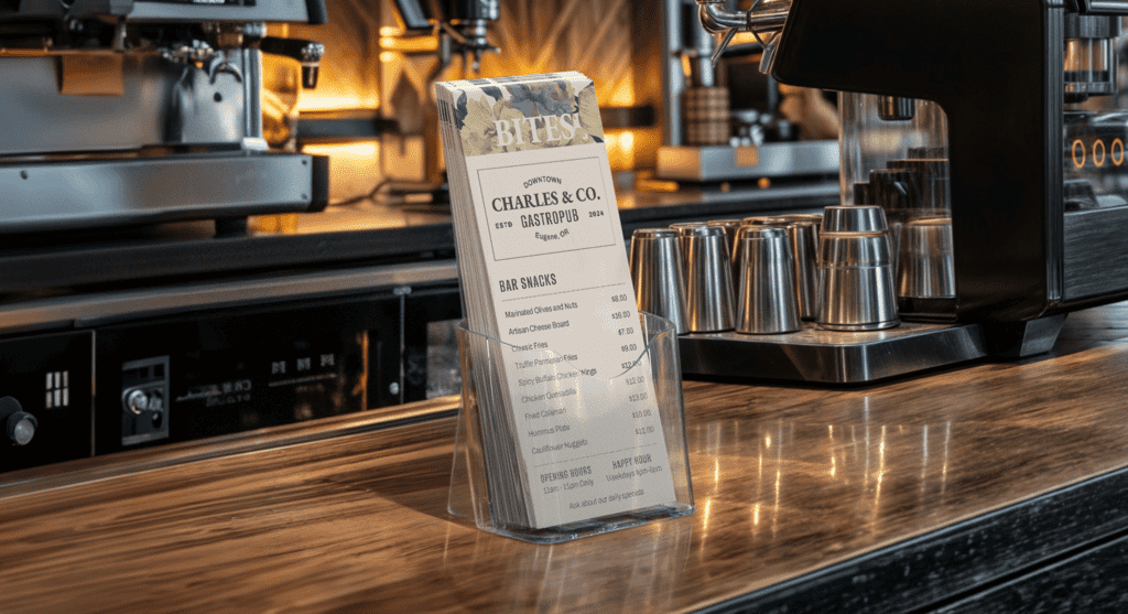 A small single sheet menu for appetizers at a bar