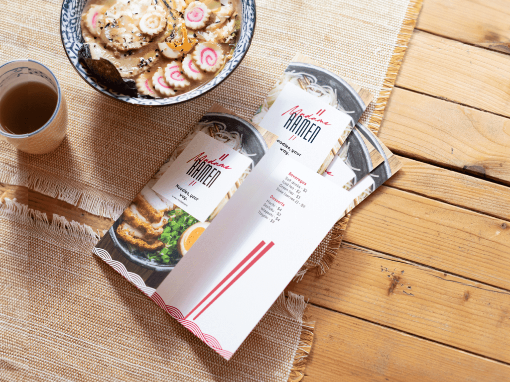 A tri-fold menu for a ramen restaurant