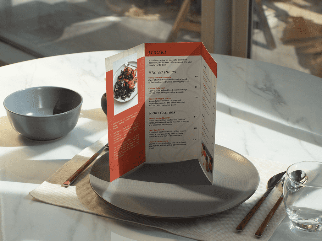 A tri-fold menu for a restaurant