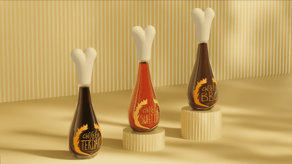 Bottles of condiments shaped as chicken thighs, an example of the Double Take Packaging trend 2026
