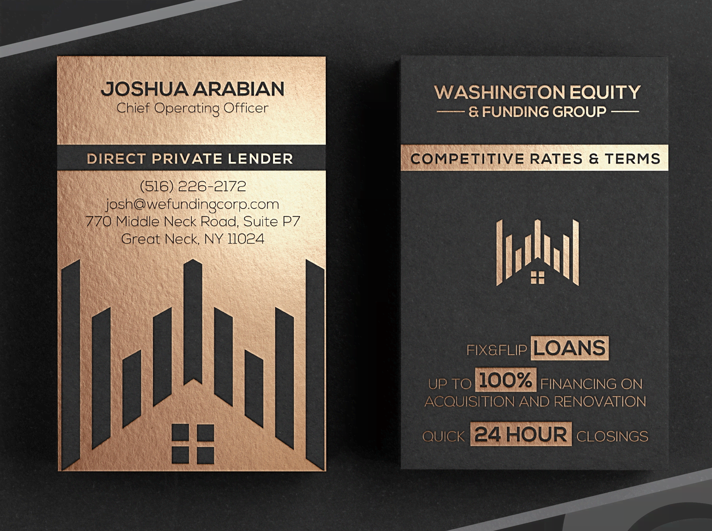 Angular lines and bronze finish for an industrial business card design