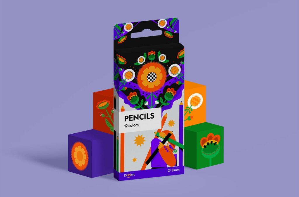 Color pencil packaging decorated with bold, hand-drawn floral illustrations in bright orange, green and purple, giving it a playful, gallery-like feel—an example of the Artist Showcase packaging trend 2026