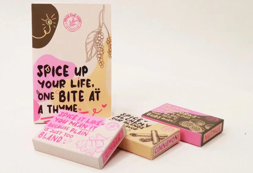Spice packaging with playful, oversized typography and bold color blocks, featuring witty slogans like “Spice up your life” and hand-drawn illustrations—an example of the Narrative Pop packaging trend 2026