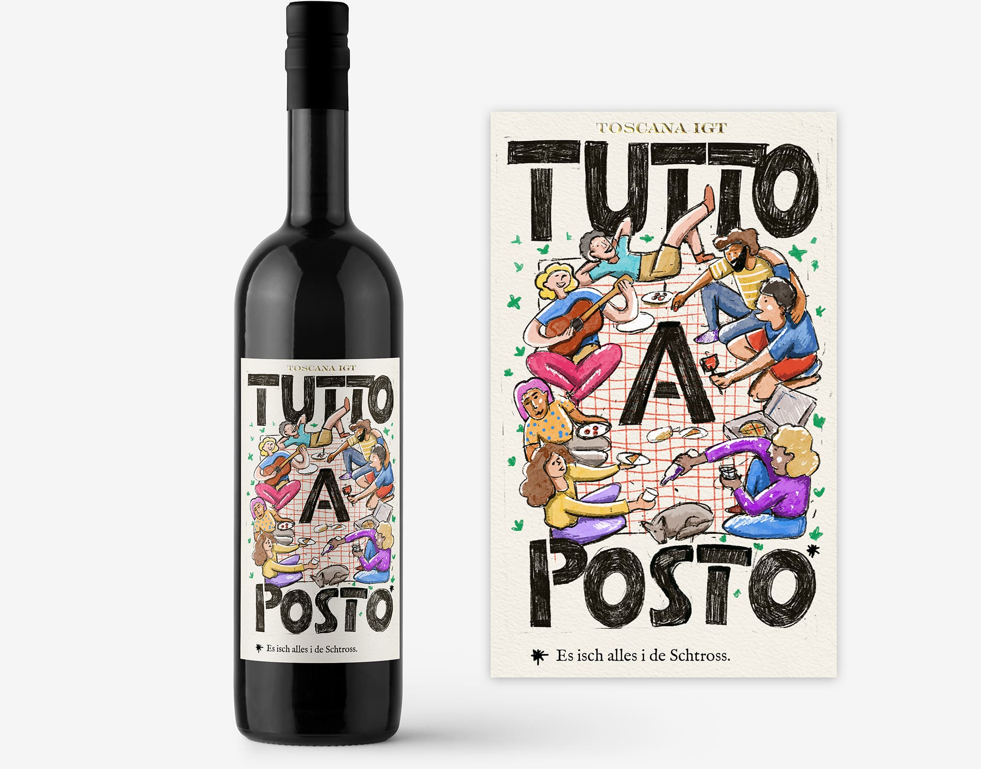Brightly-colored wine label design that features custom artwork and hand-drawn illustrations, an example of the Artist Showcase packaging trend 2026