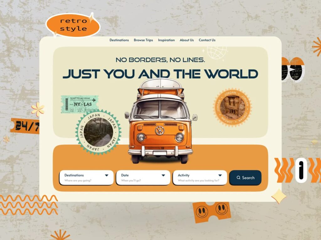 A website design featuring the Tangerine Disco color trend as accents and in an image of a vintage VW Camper