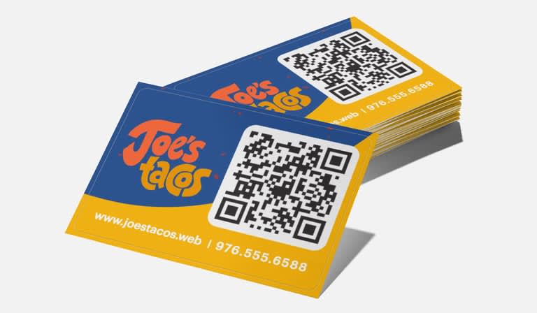 A blue and yellow business card for a taco business with a QR code, types of business cards
