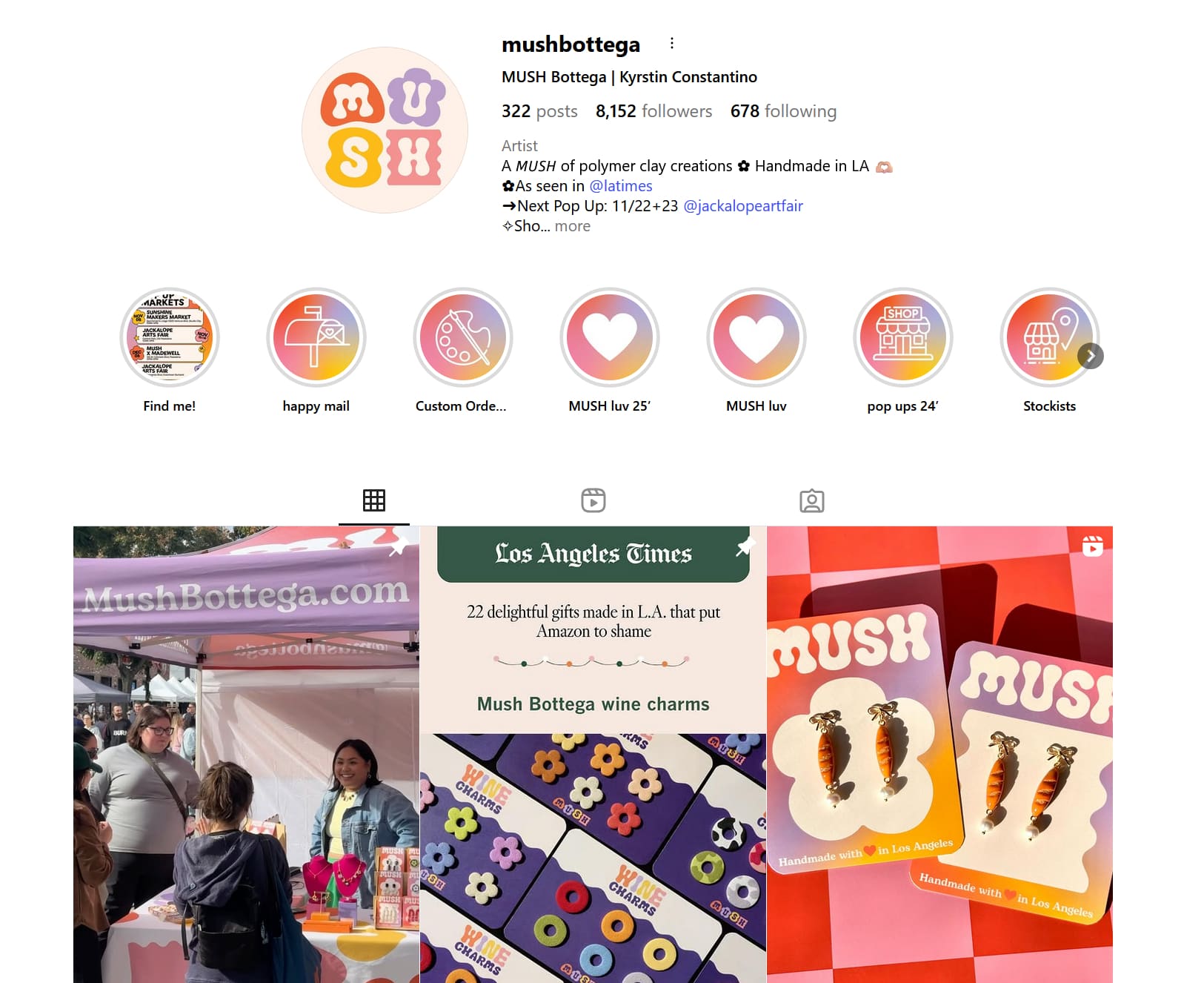 A screenshot of MUSH’s Instagram profile’s bio, Highlights and pinned posts, all aligned with the brand’s identity
