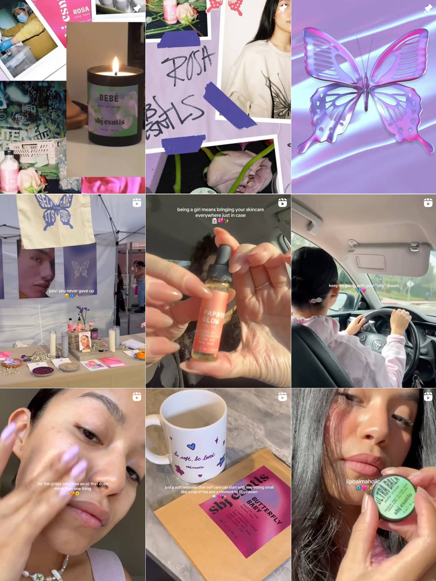 A screenshot of the posts grid on the SBJ Esntls Instagram account, dominated by Reels that show behind-the-scenes of the business, customer reviews, jokes