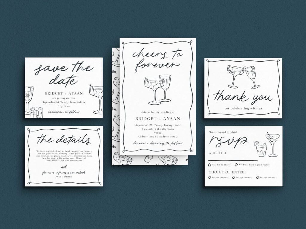 Example of a wedding suite featuring whimsical, minimalistic lineart of cocktails.