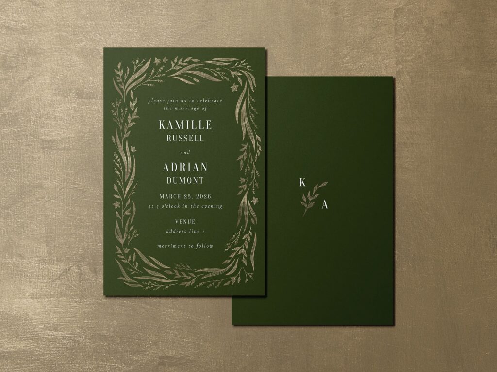 Green wedding invitation design with gold metallic accents