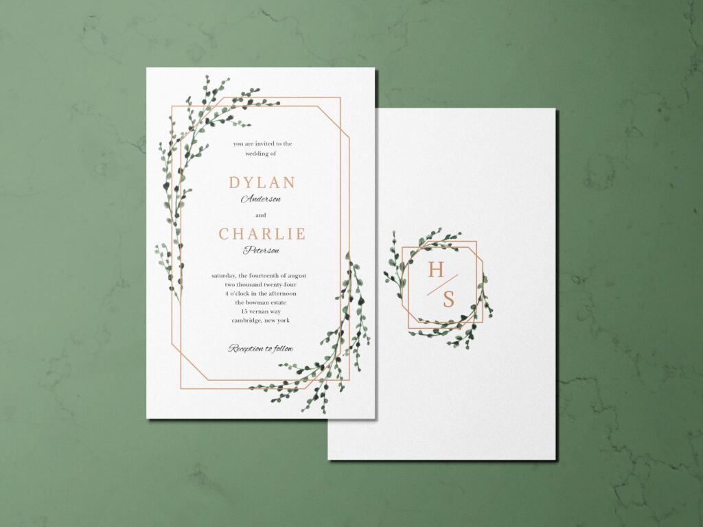 Classic wedding invitation design with leaves and gold details
