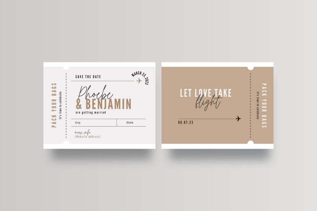 Destination wedding invitation designed like a boarding pass