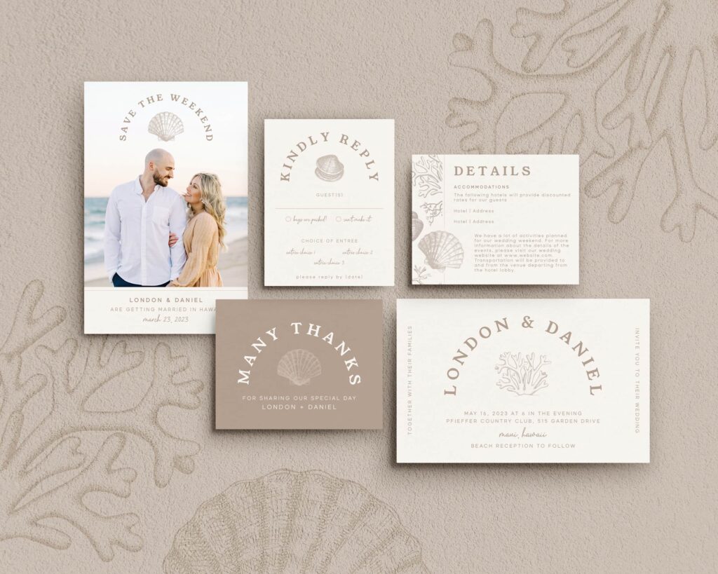 Destination wedding invitation suite with shell motifs