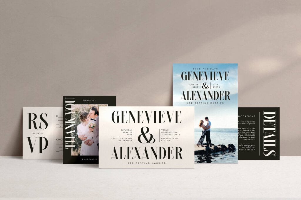 Glamorous wedding invitation suite with bold typography