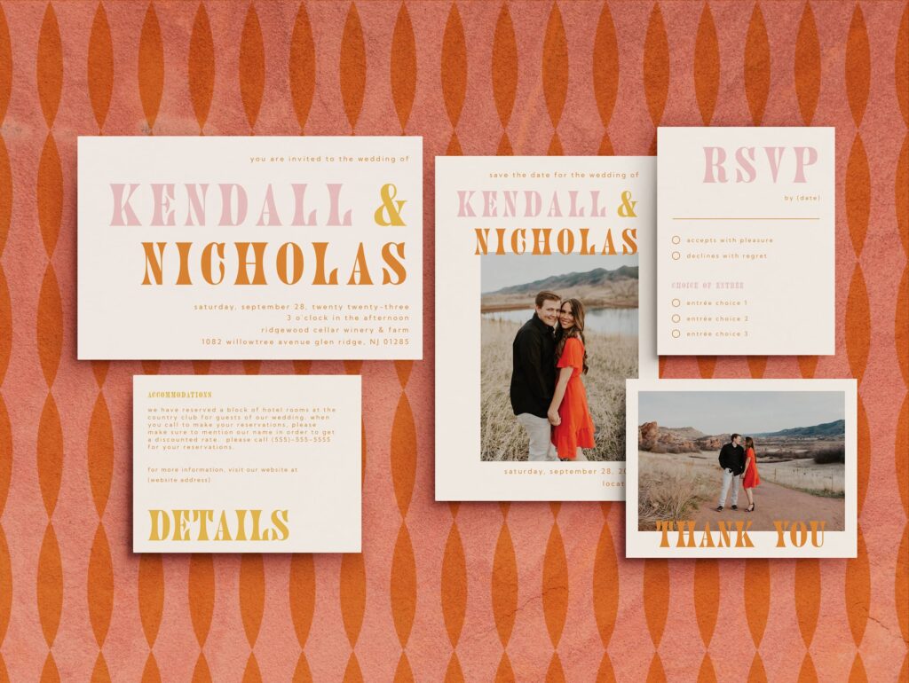 Bold wedding invitation suite with retro design elements