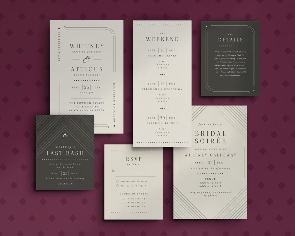 Monochrome wedding invitation suite with a vintage aesthetic