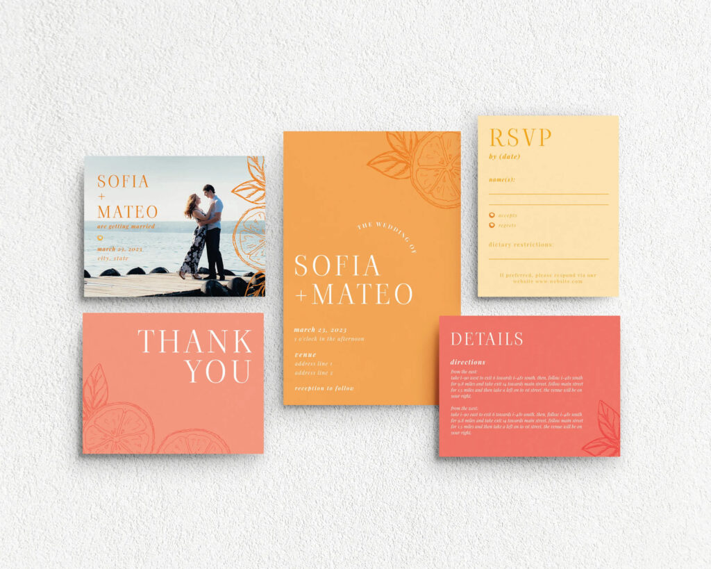 A bold, colorful wedding invitation set complete with photo invite, thank you card and RSVP slip.