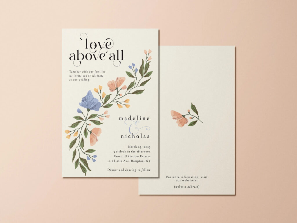 A floral, beautiful wedding invitation for Madeline and Nicholas’ wedding