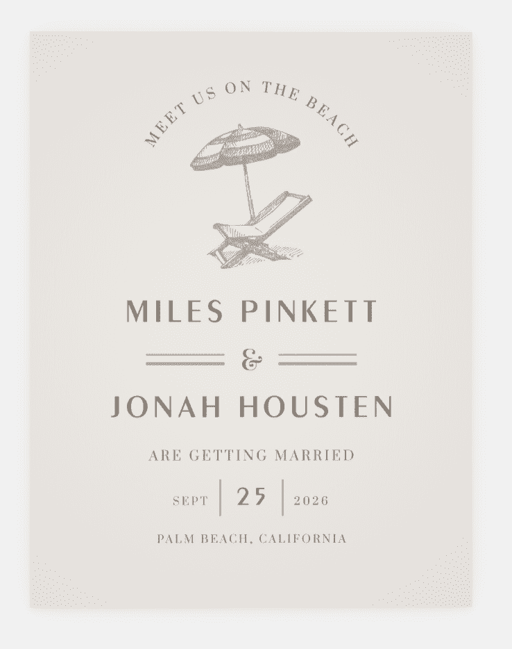 Destination wedding save the date wording example that says “meet us on the beach” with a deckchair