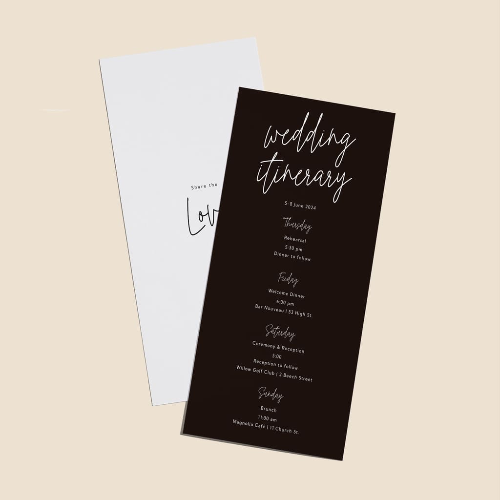 A unified black and white wedding itinerary set.