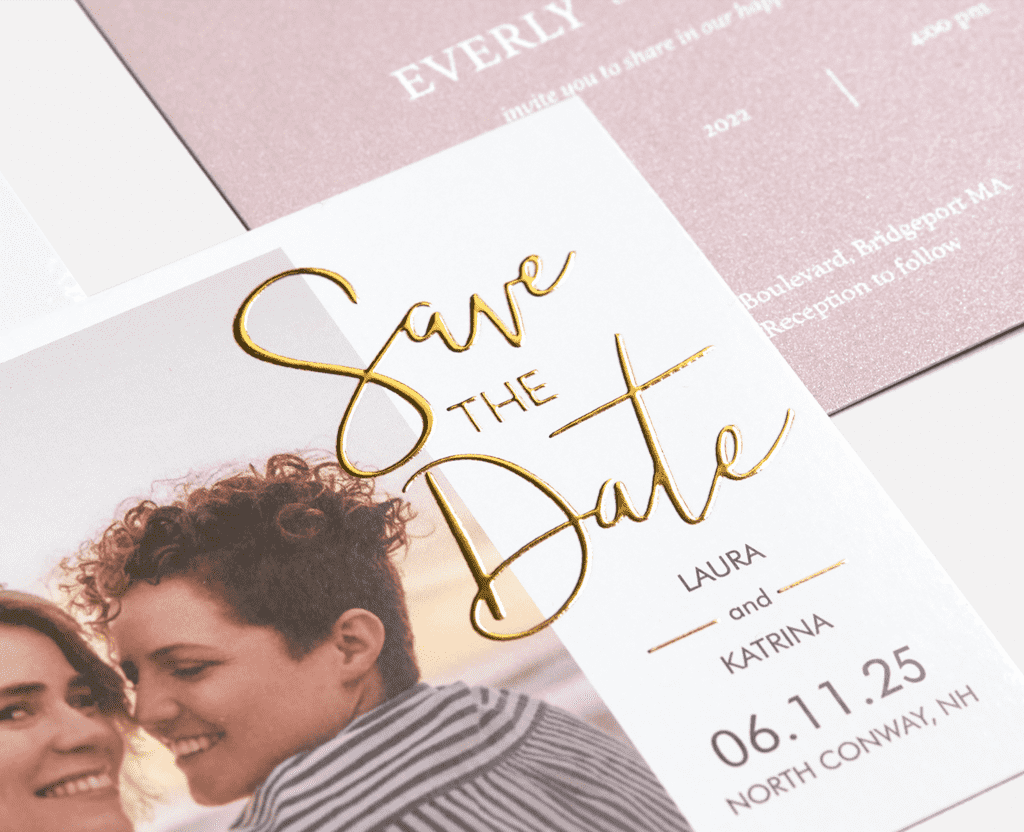 wedding save the date example with gold foil details