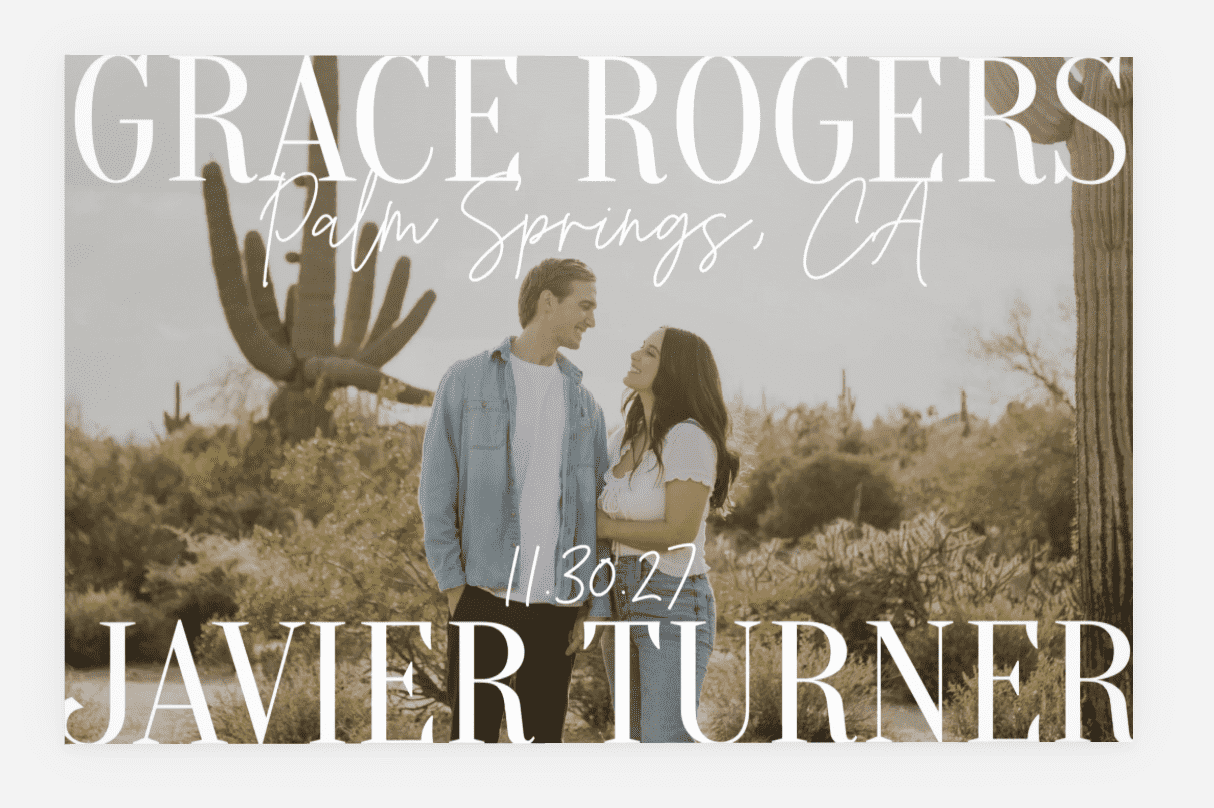 Short and simple save the date wording with a photo of the engaged couple
