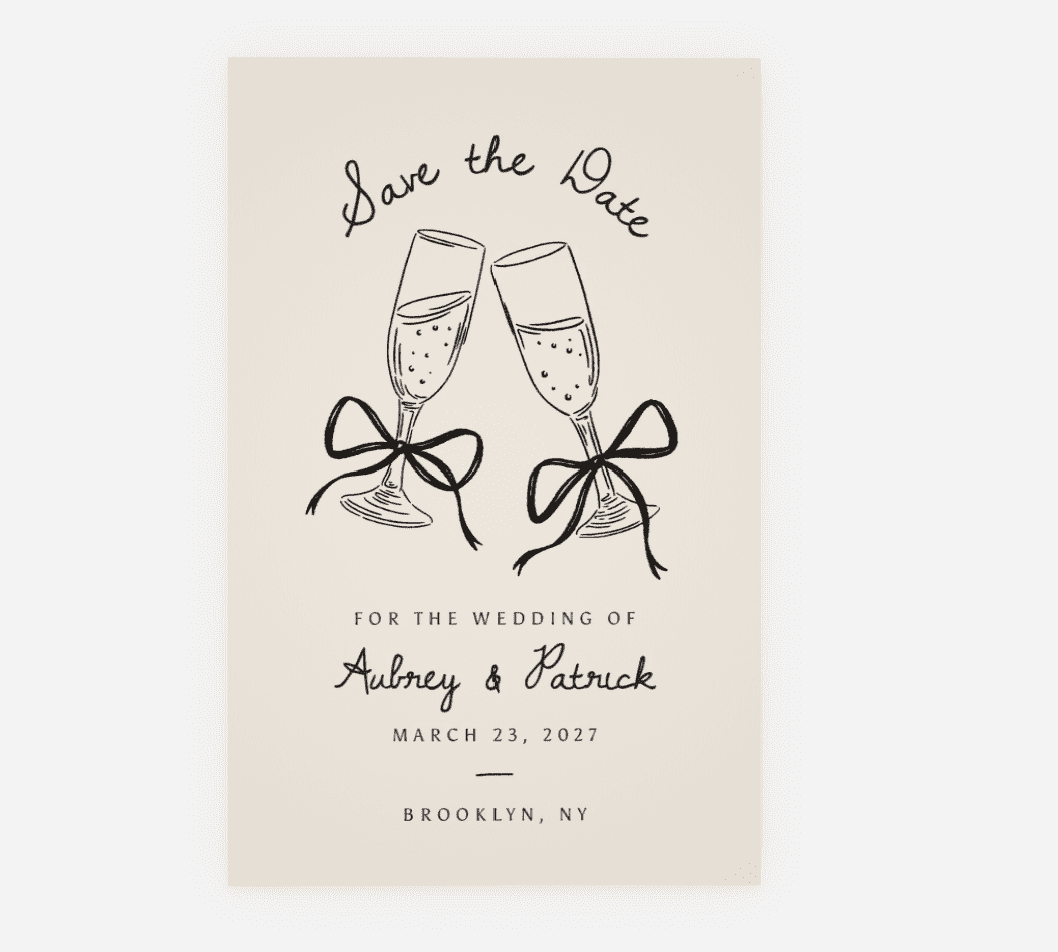 hand-drawn wedding save the date example with illustrations of champagne flutes