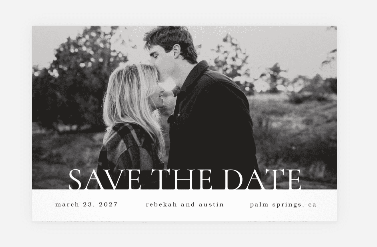 a minimal black and white save the date wording example with a photo of the engaged couple