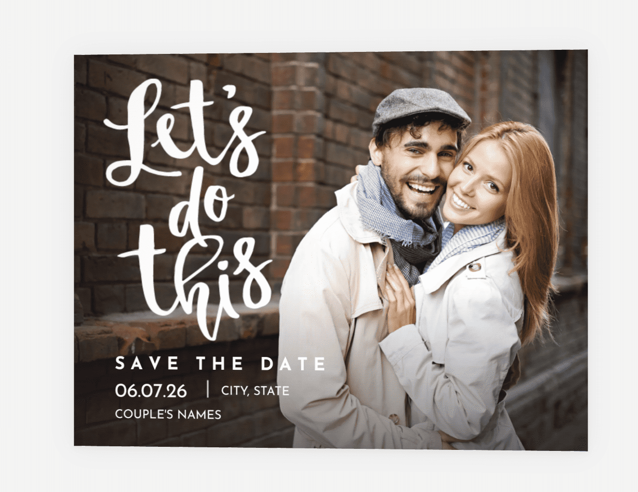 Unique save the date wording example that says “let’s do this” with a photo of the engaged couple