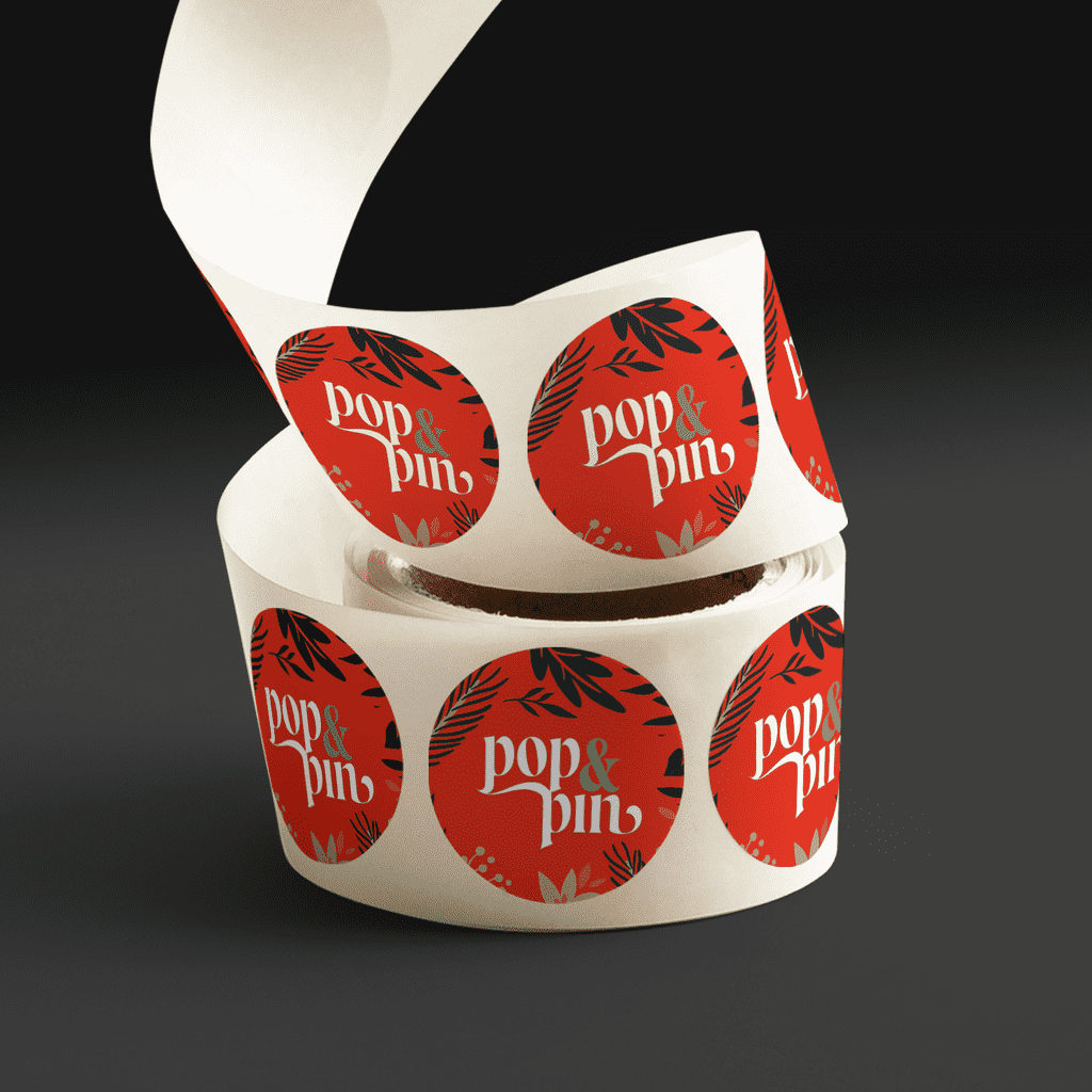 A label roll of branded stickers for packaging