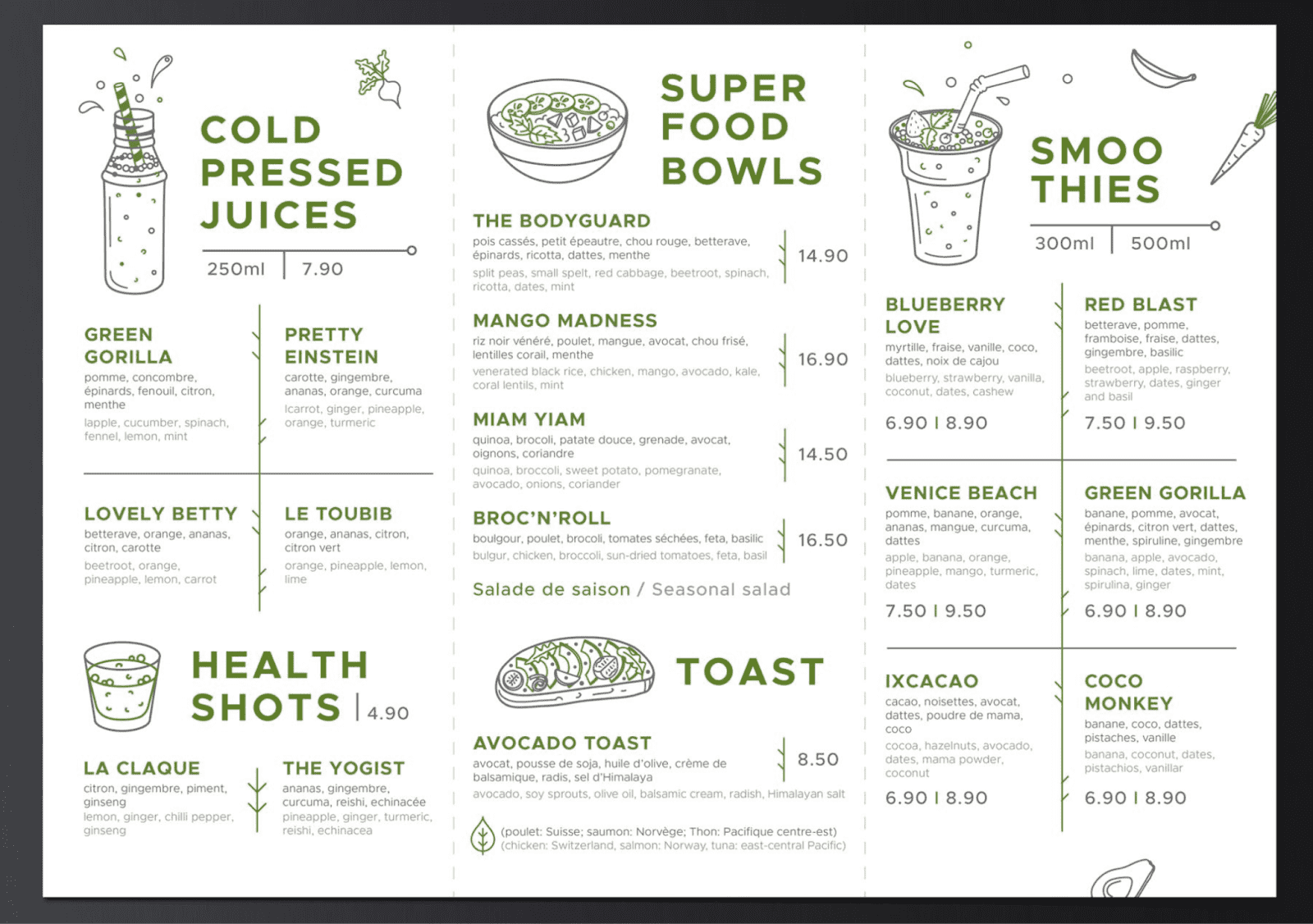French menu design for healthy cafes with modern, cool and green feel that focuses on superfoods