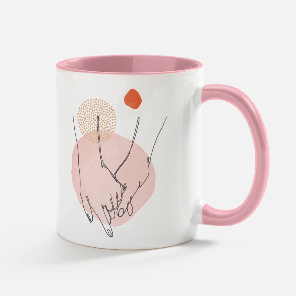 creative mug design idea with a line drawing of holding hands