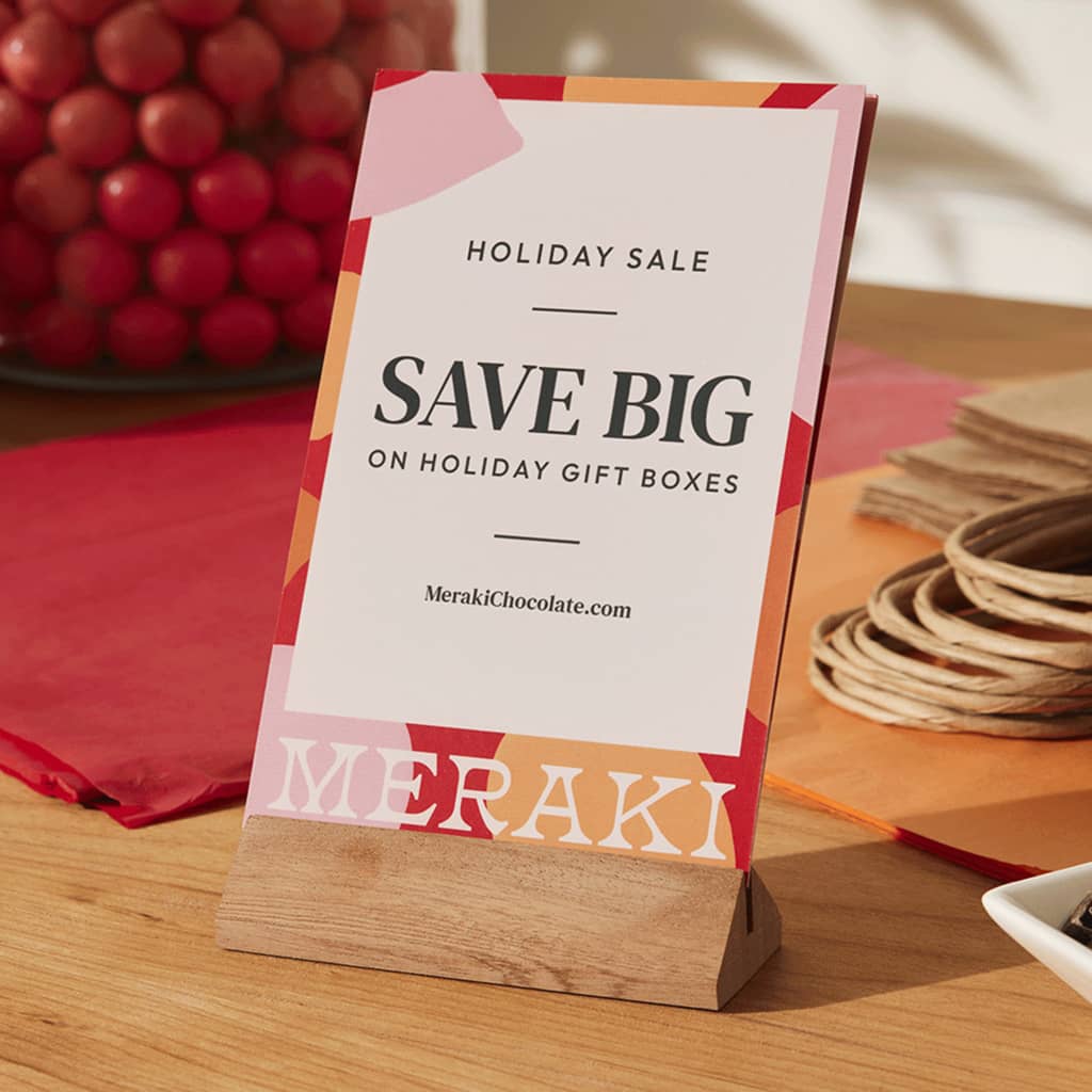 Holiday sale promotion flyer for Meraki, using the appropriate for the use case matte finish