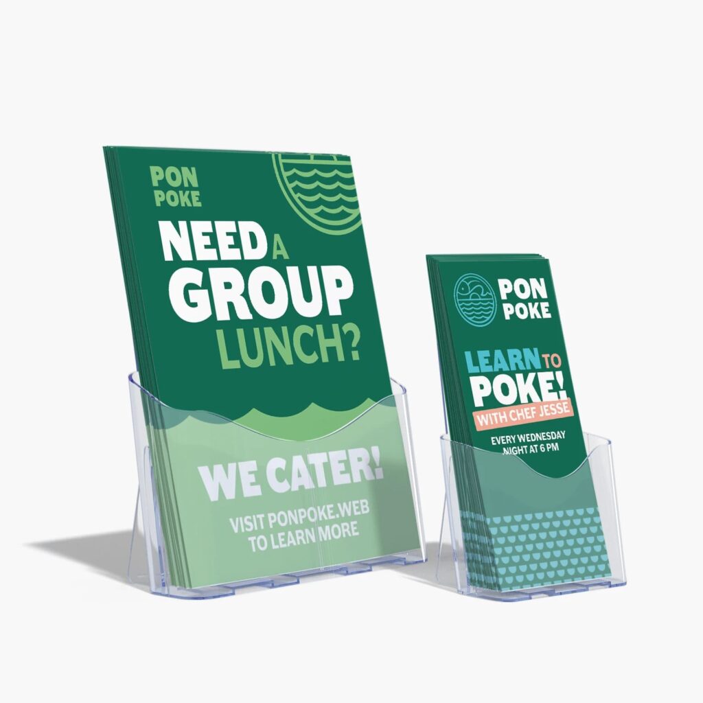 A stack of flyers for Pon Poke with the CTA “Visit Pon Poke” central to the flyer design