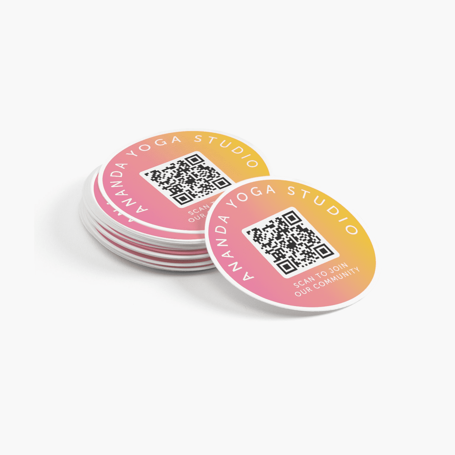 A stack of circular sticker singles with a QR code and CTA “Scan to join our community” for Ananda Yoga Studio