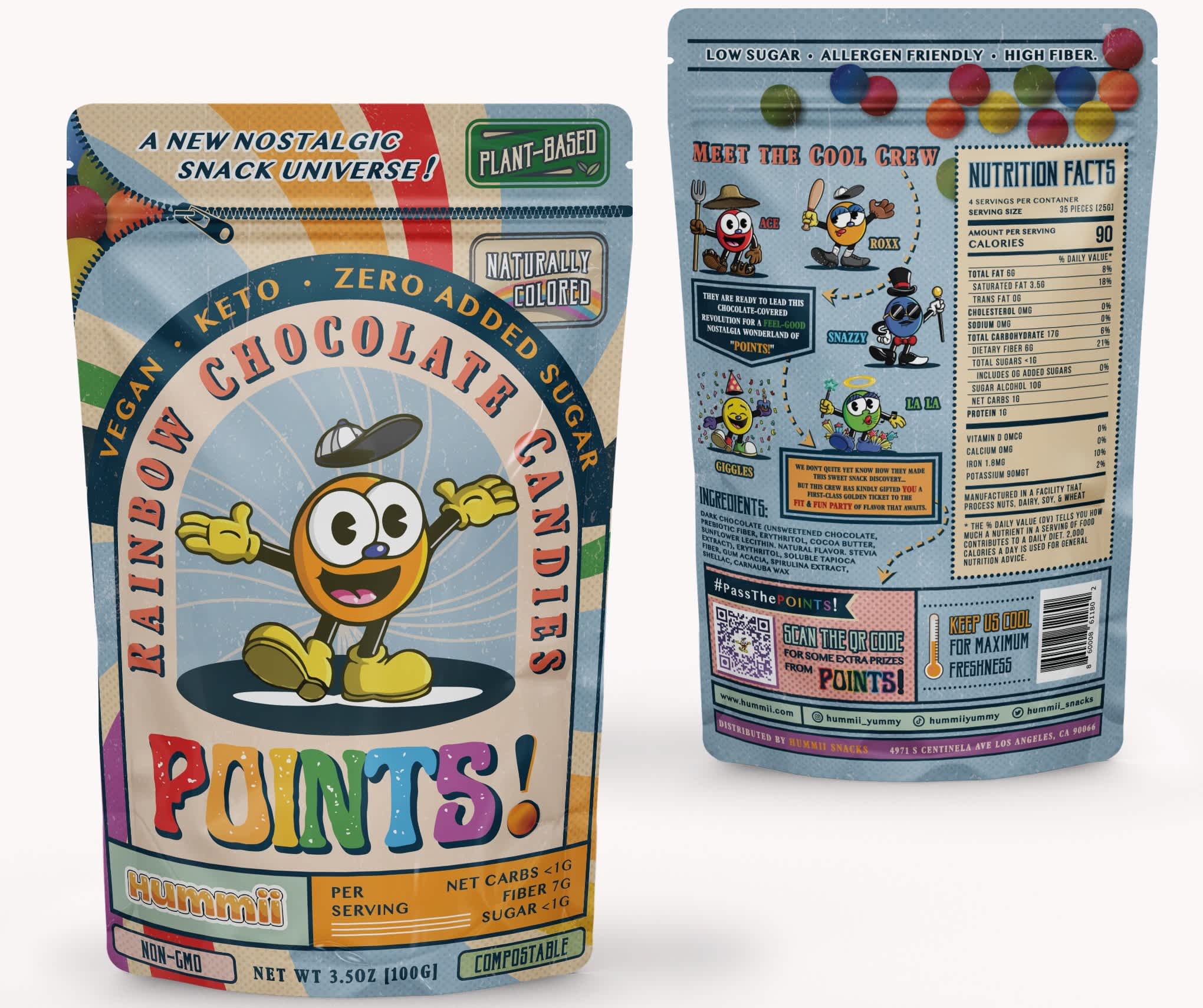 Colorful snack packaging with a QR code integrated into the back design, encouraging customers to scan for rewards, bonus content and interactive brand experiences.
