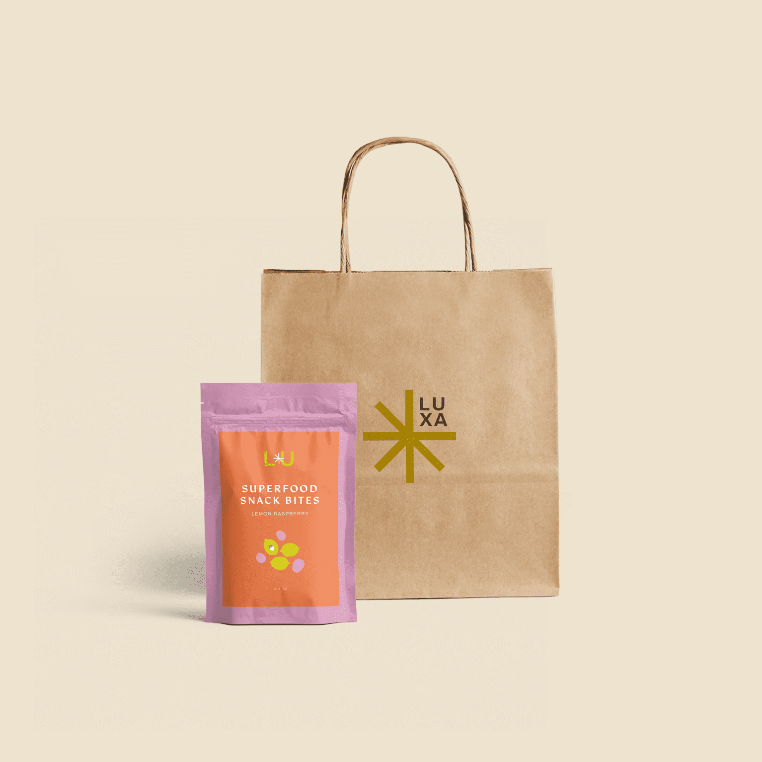 Kraft paper shopping bag with twisted paper handles and minimalist Luxa branding displayed beside a pastel purple plastic pouch of superfood snack bites.