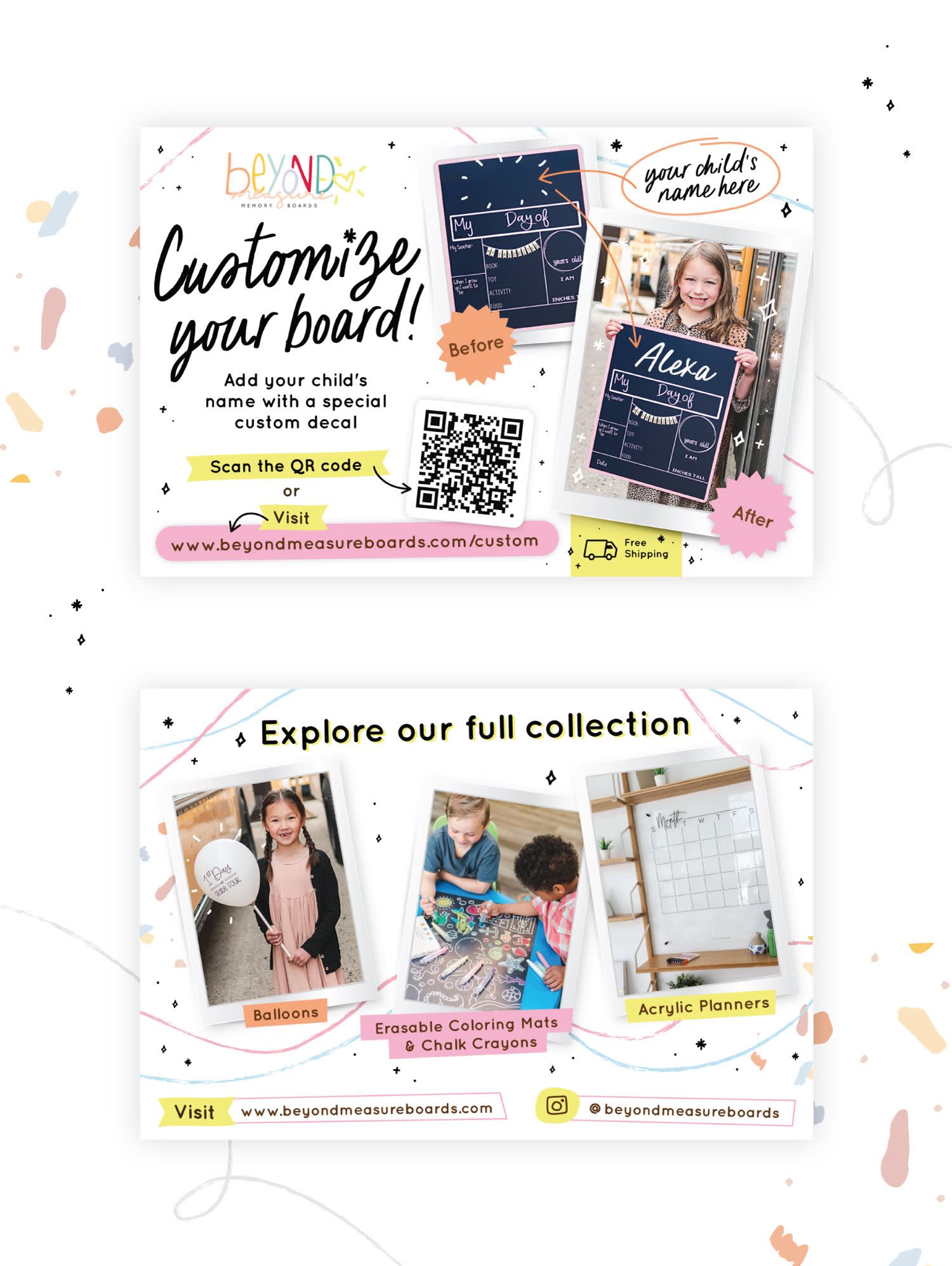 Promotional product insert cards featuring QR codes, product recommendations and customization options designed for cross-selling and product discovery.
