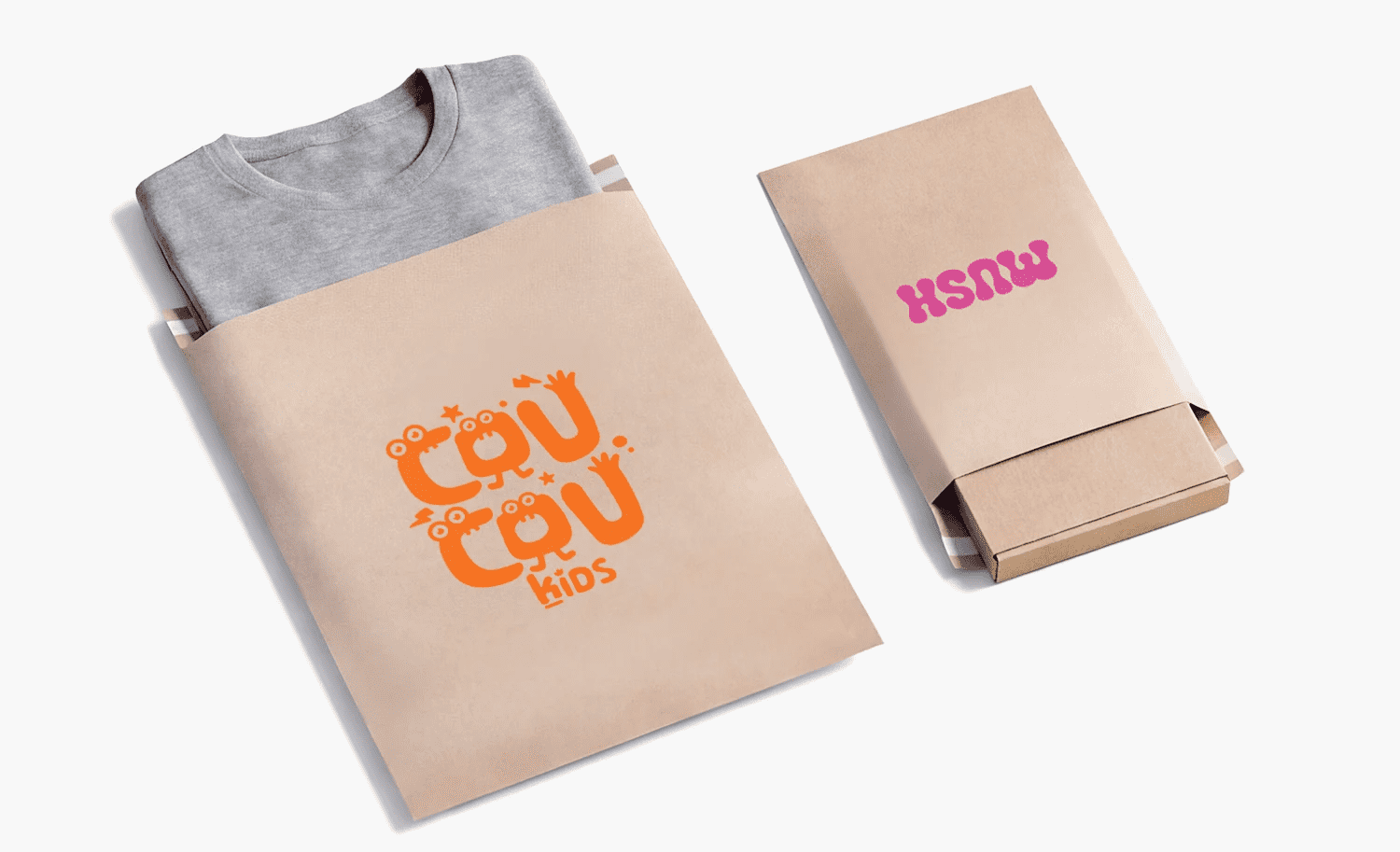Minimal kraft paper clothing packaging featuring bright orange and pink playful branding wrapped around folded kids apparel and flat apparel boxes.