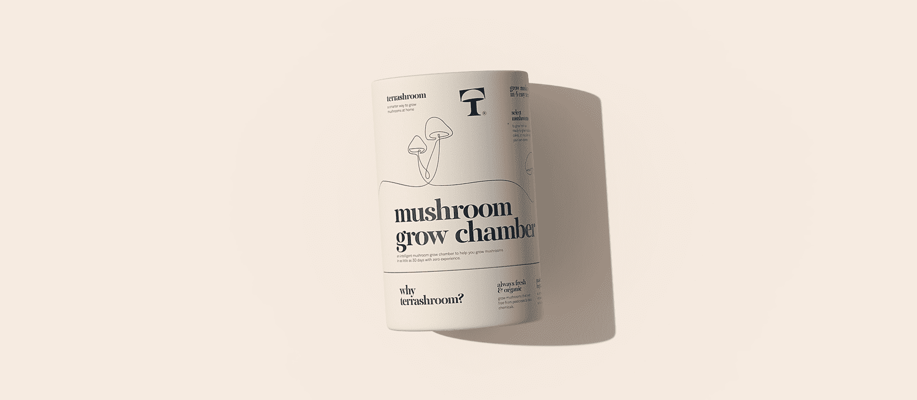 Minimalist cylindrical mushroom grow chamber packaging in matte off-white with black typography and simple line illustrations of mushrooms, featuring Terrashroom branding and informational product copy.