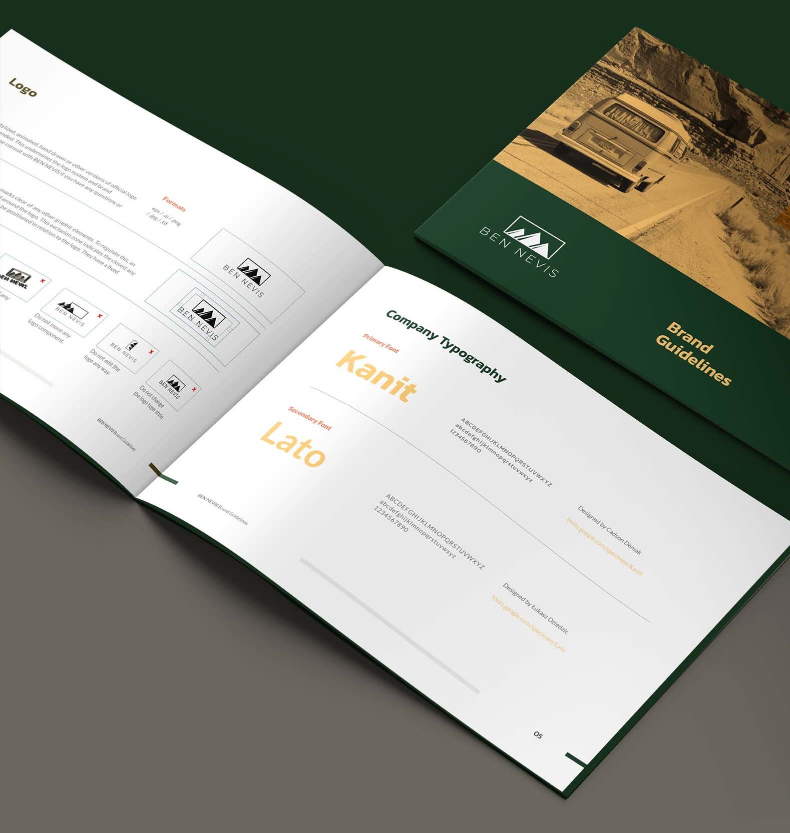 Open brand guidelines booklet displaying logo usage rules and company typography standards with Kanit and Lato fonts.
