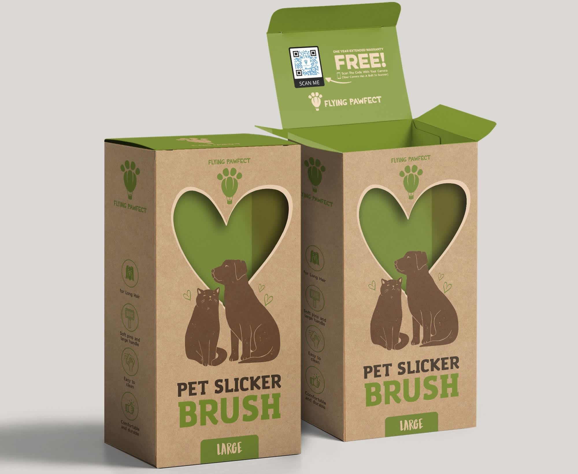 Pet grooming product packaging featuring an integrated QR code inside the box lid for warranty registration, digital content and post-purchase customer engagement