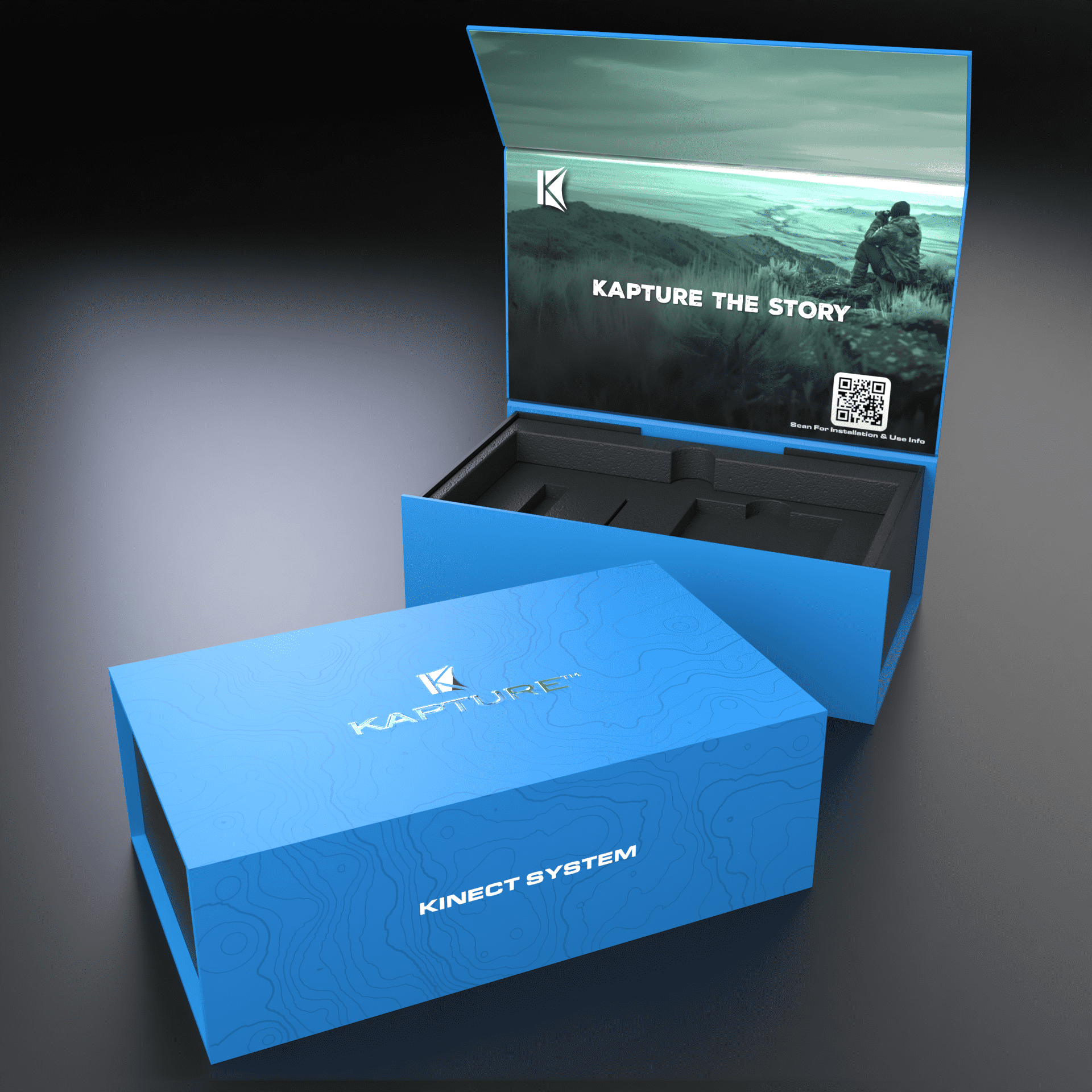 Premium tech product packaging with a QR code integrated inside the box lid, directing customers to installation guides
