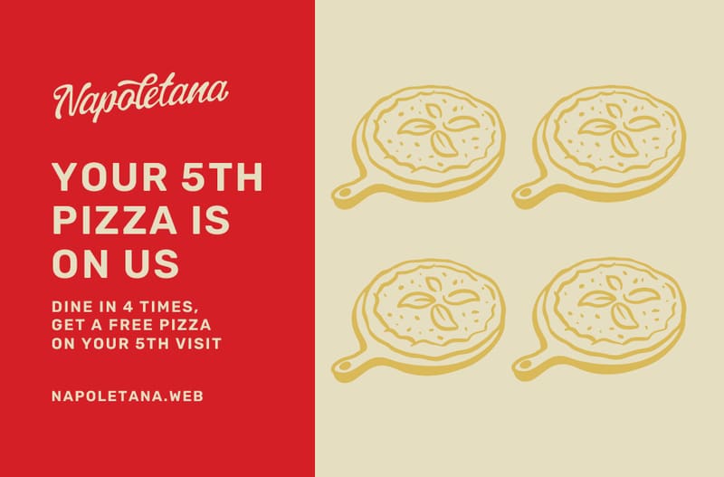 Restaurant loyalty card design promoting a free fifth pizza reward with bold red branding, promotional text and illustrated pizza icons.