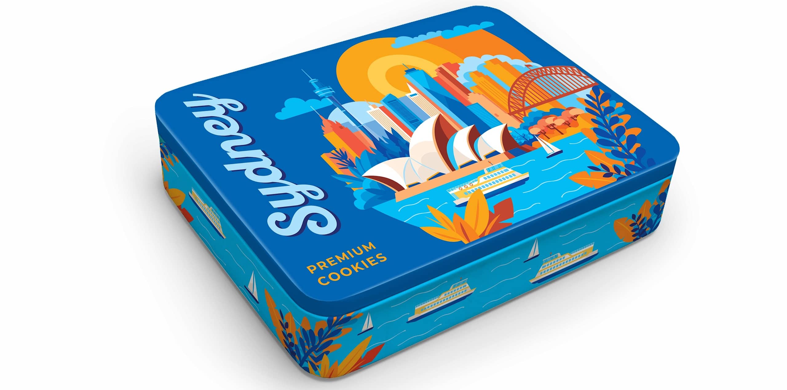 Reusable illustrated cookie tin packaging featuring a colorful cityscape design with boats, buildings and decorative botanical elements.