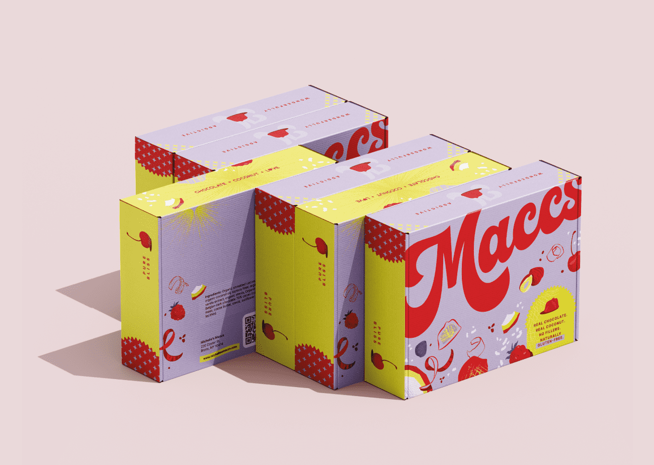 Three colorful retail product boxes with bold red typography, pastel purple and lime green panels and playful fruit illustrations arranged against a soft neutral background.