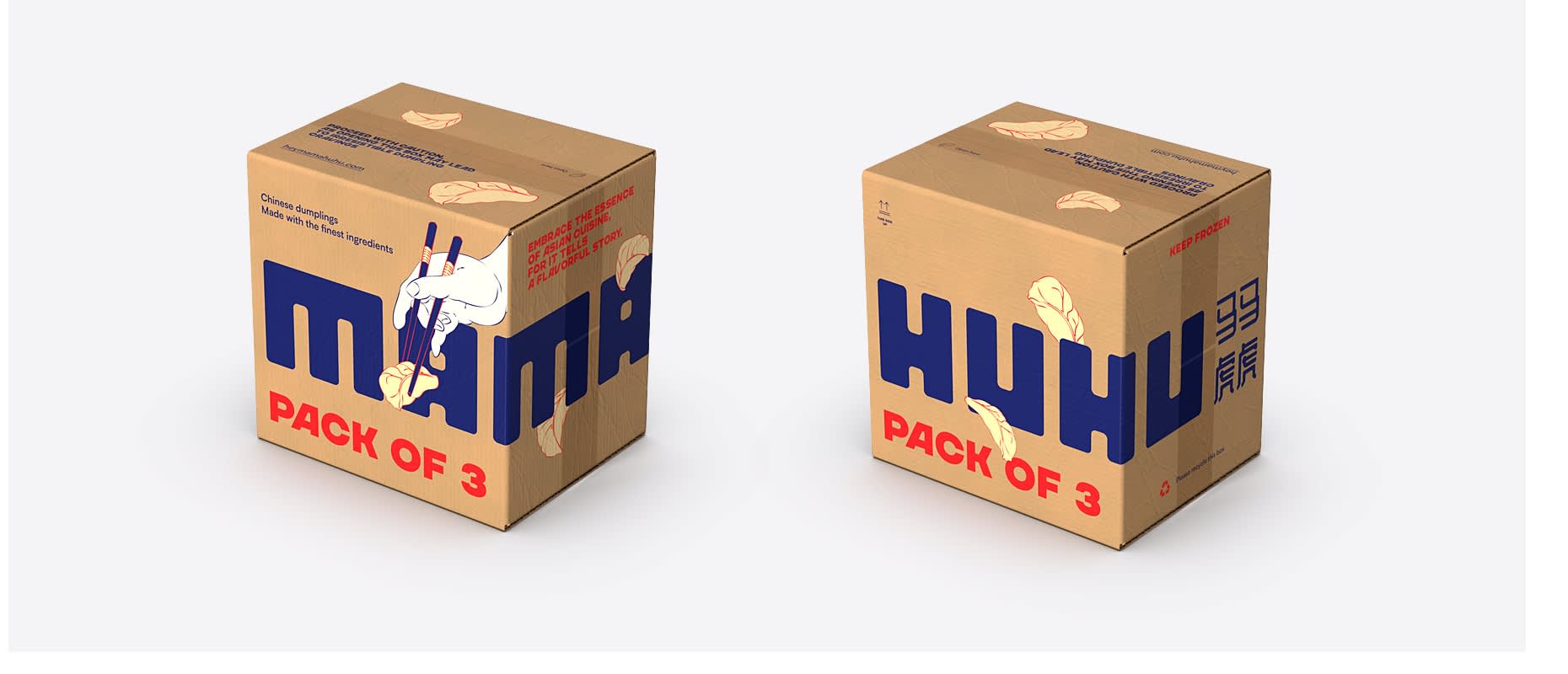 Two kraft corrugated shipping boxes with oversized blue and red typography, illustrated dumpling graphics and bold Mamahuhu branding designed for frozen dumpling multipacks.