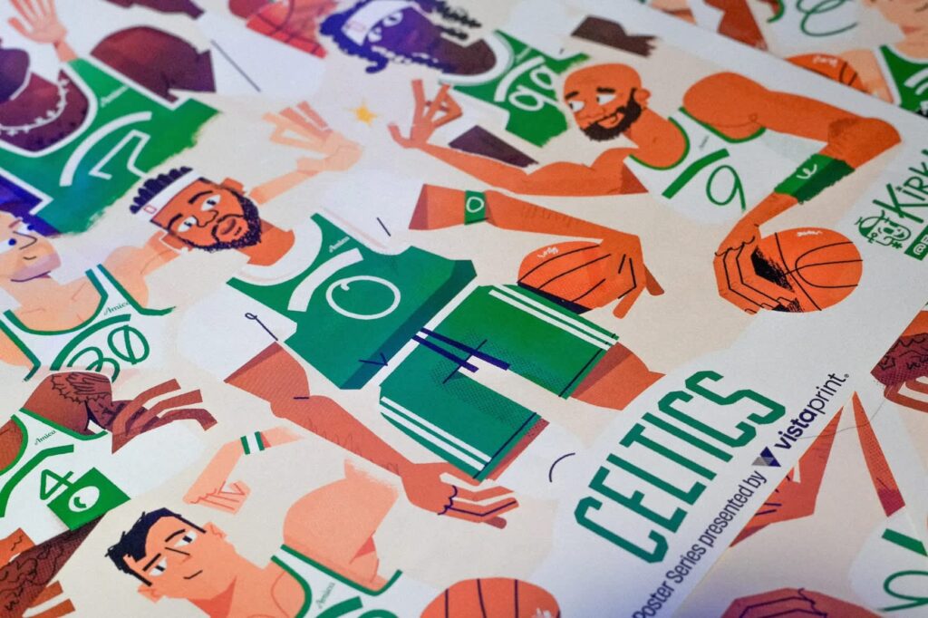 Papercut-style Celtics poster with layered, imperfect textures and bold colors, showing how expressive, handcrafted visuals translate into micro-merch designs